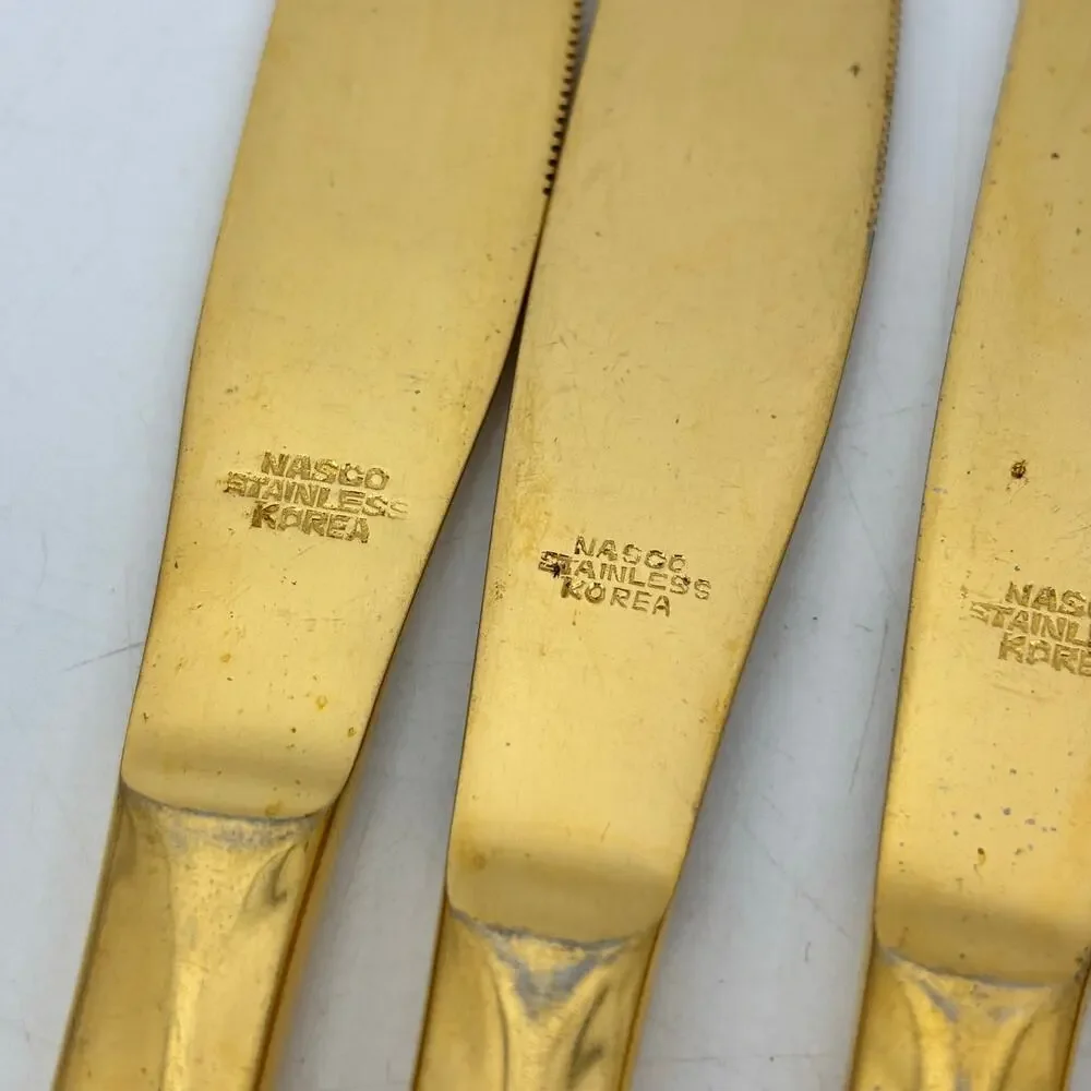 Vassar Nasco Stainless Steel Flatware Gold Tone Wheat Leaves 80s Knifes Forks